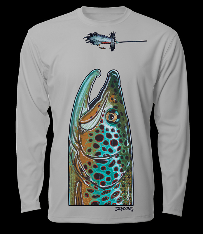 Brown Trout Head – UV Protective Shirt – Light Grey
